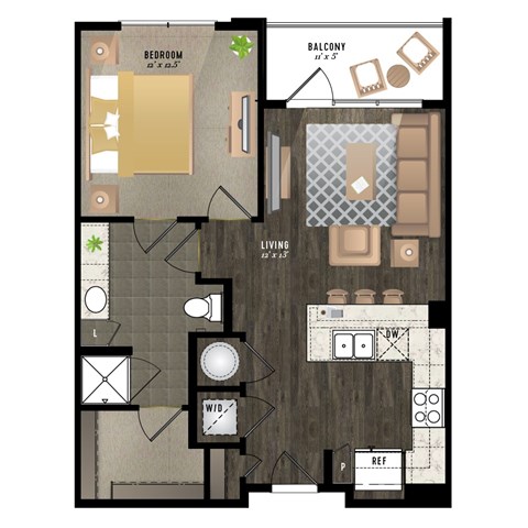 Floor plan for 1 bed, 1 bath, 693 sqft